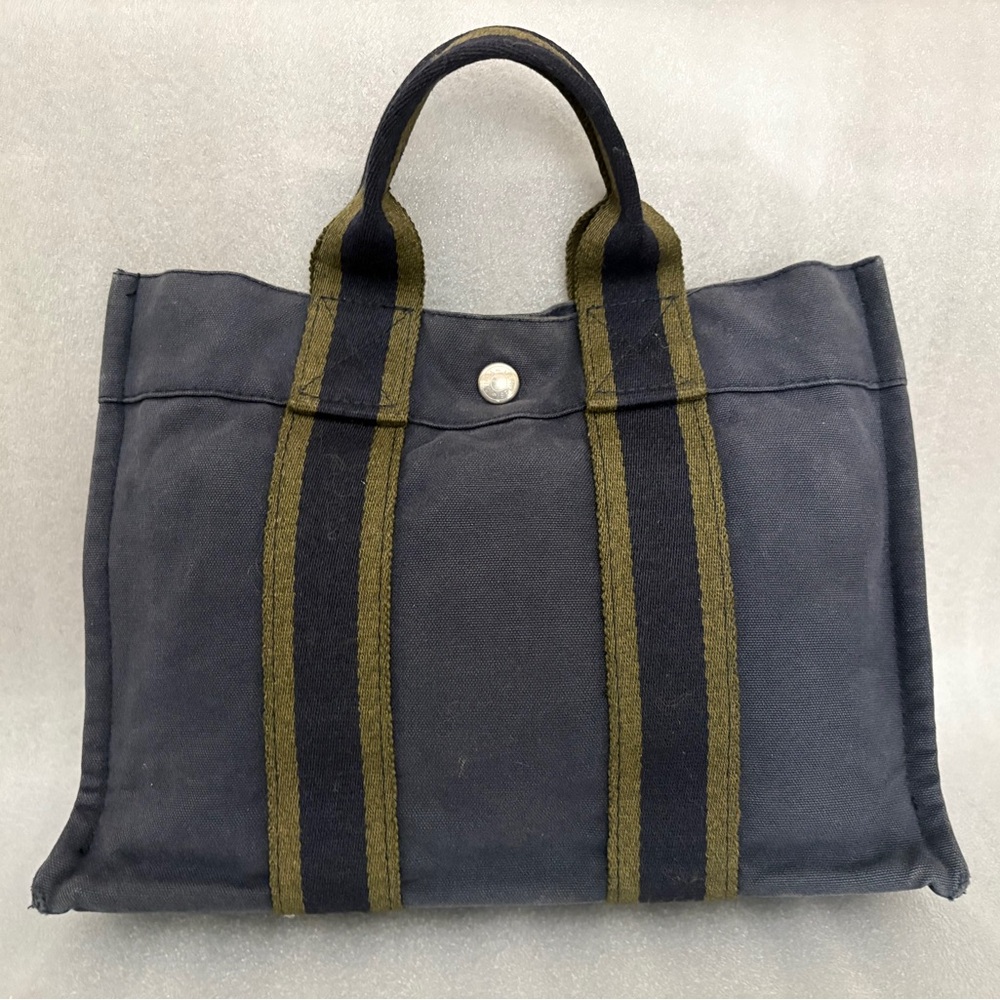 Hermes Fourre Tout PM Tote Navy Olive Canvas Vintage Authentic Zip Pocket